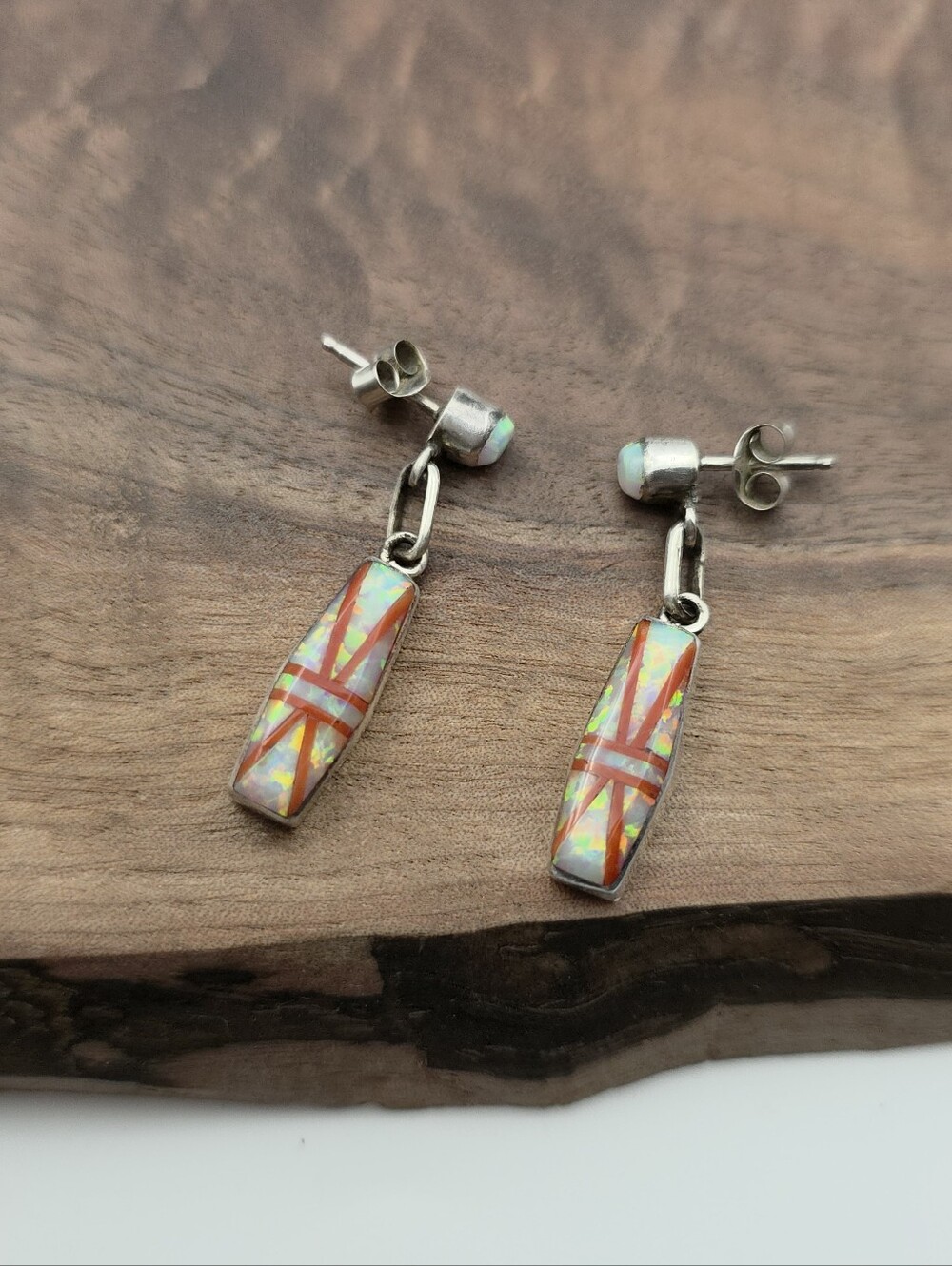 Vintage Lucio Zuni Native American Pueblo Opal Inlay Dangle 925 Silver Earrings - Picture 7 of 9